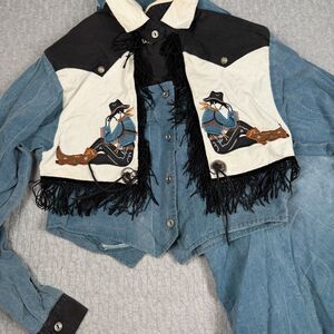 Western Denim Dress with Fringe and Embroidery